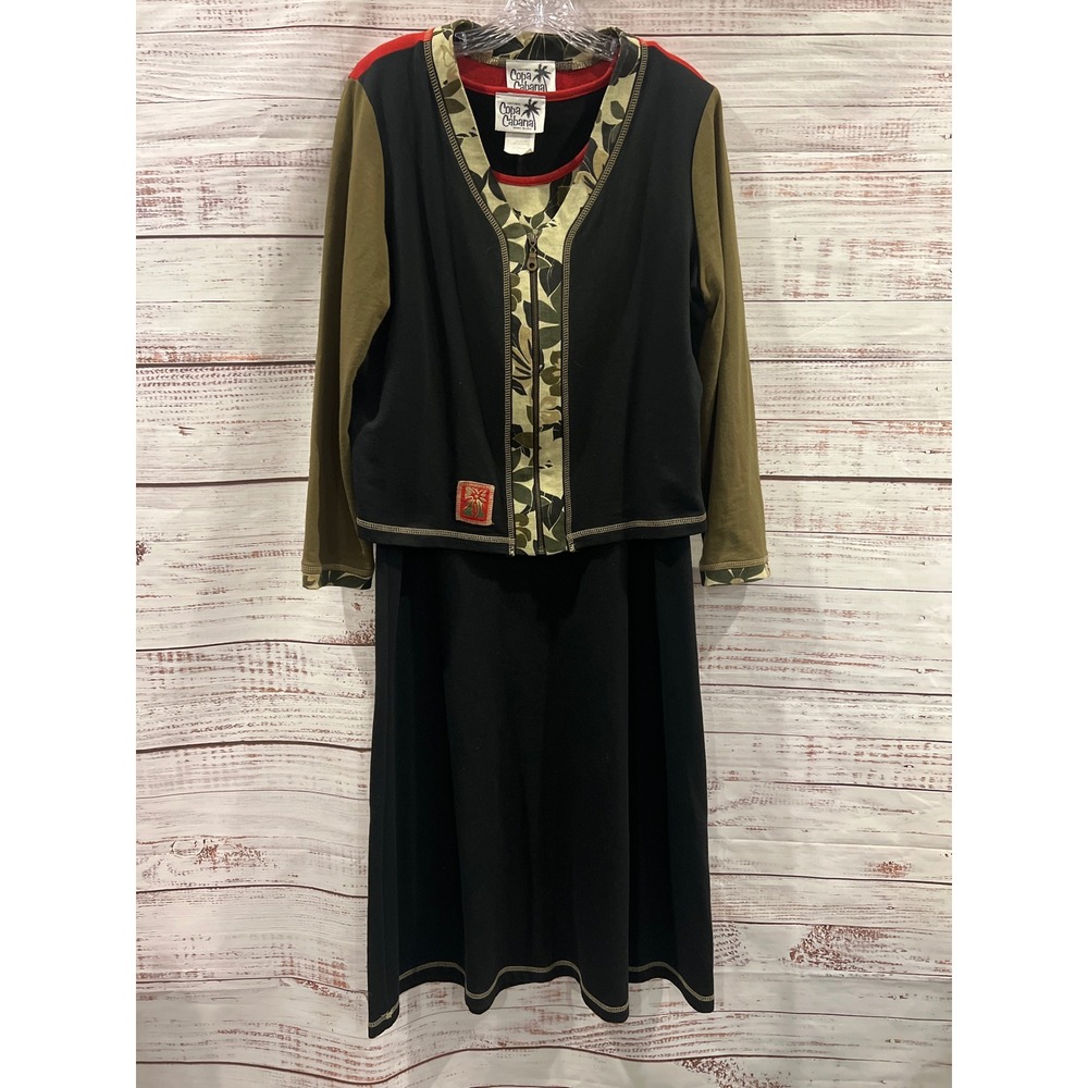 Copa Cabana Dress Set Womens Medium Black Red Green Floral Zip Jacket 2pc A10702